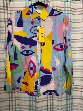 LC Abstract Face Print Button-Up Shirt - Multicolor